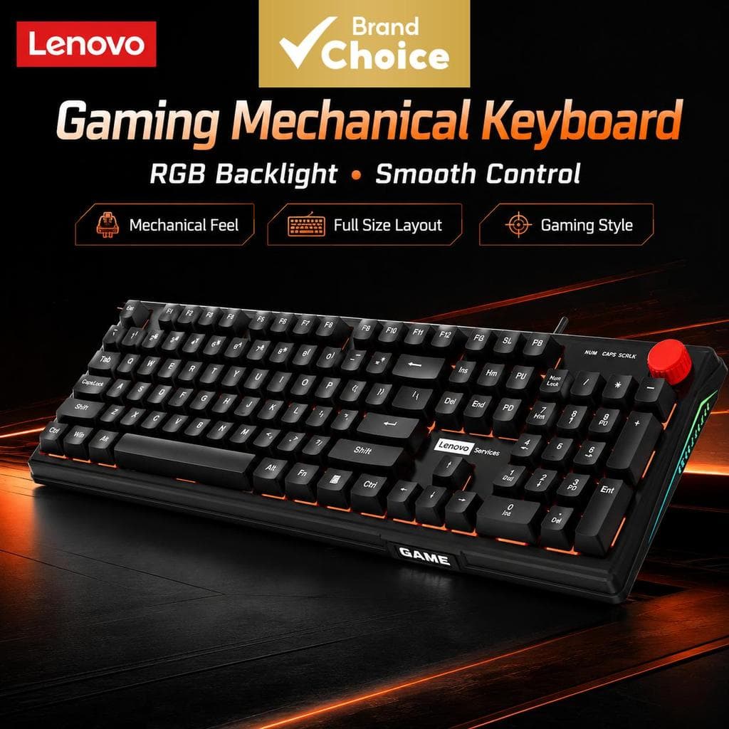 Teclado Gamer Lenovo com iluminação RGB, tamanho completo, teclado mecânico com fio e botão de controle para PC,