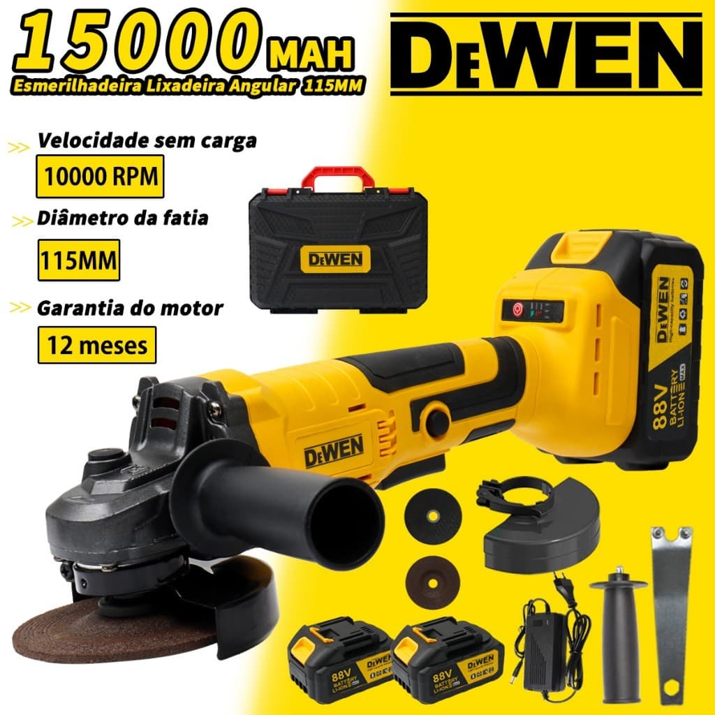 Esmerilhadeira Lixadeira angular sem fio 2 Bateria 88V recarregável de 115mm Brushless 10000rpm