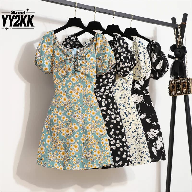 mini Vestidos Femininos De Verão , De Moda Feminina chiffon Com Estampa floral , Vestido casual Plissado De Manga Curta 