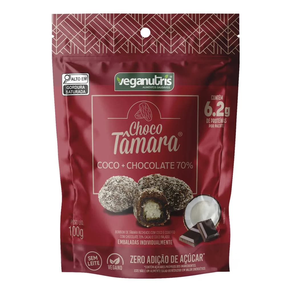 Chocotâmara Veganutris Coco + Chocolate 100g, Bombom Vegano Sem Glúten para Dieta e Lanches Saudáveis