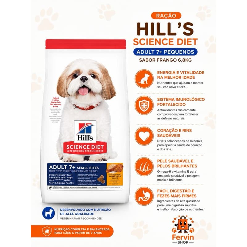 RAÇÃO SUPER PREMIUM HILLS SCIENCE DIET ADULTO 7+ PEDAÇOS PEQUENOS PARA CÃES CACHORROS IDOSOS SABOR DE FRANGO 6,8 KG