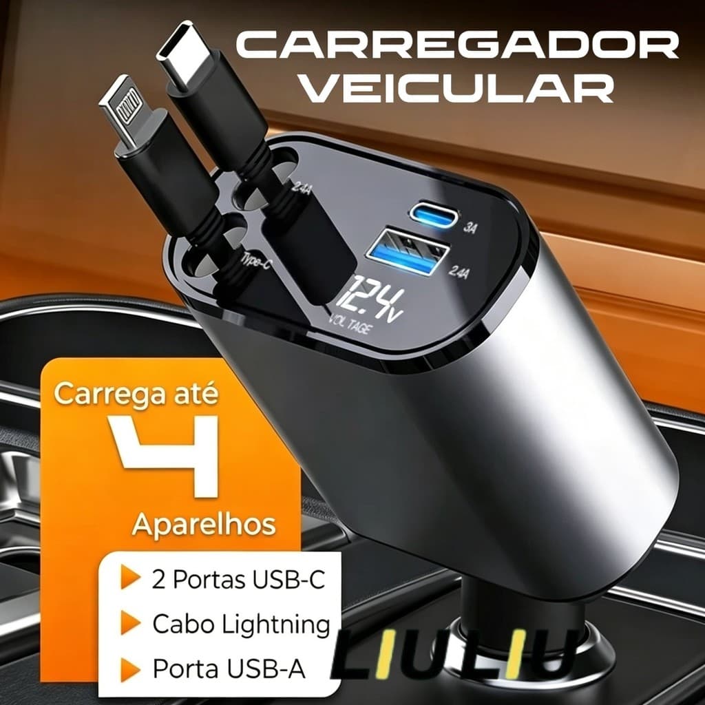 Prático Carregador Veicular Multiuso 4 em 1, Ajustável 180° para Carregar Vários Aparelhos ao Mesmo Tempo