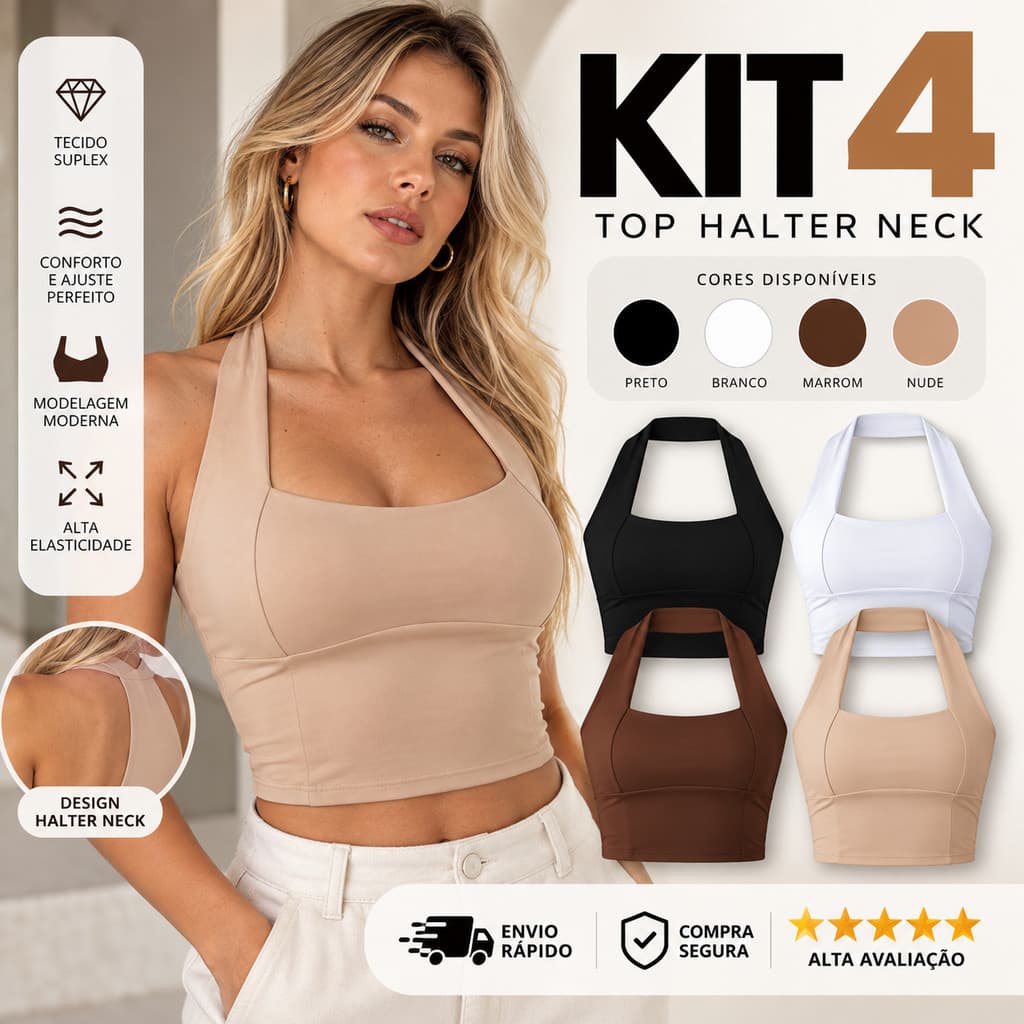 Kit 4 Top Halter Frente Única Regata Blusinha Halter Neck Moda Gringa Cropped Costas Academia Treino Nuas