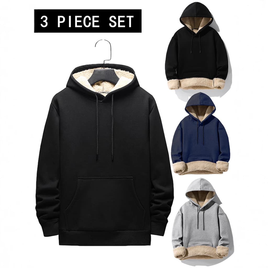 Conjunto de moletom com capuz forrado em fleece para homens 2025, moletom de sherpa mais grosso, roupa de inverno quente