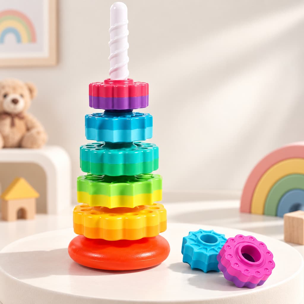 Brinquedo de torre giratória arco-íris, brinquedo educativo Montessori, empilhável, cores vibrantes, brinquedo sensorial