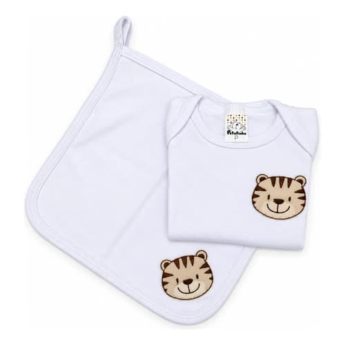 Kit Bebê 2 Peças Tigre Body P Com Paninho De Boca 25x25 Enxoval Maternidade Menino Angu Bebê 