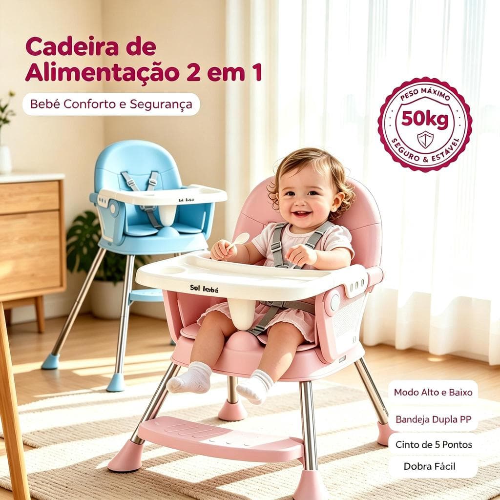 Cadeira de Alimentação Bebê 3 em 1, Suporta até 50KG, Cadeirinha Refeição Infantil Dobrável, Bandeja Dupla Removível