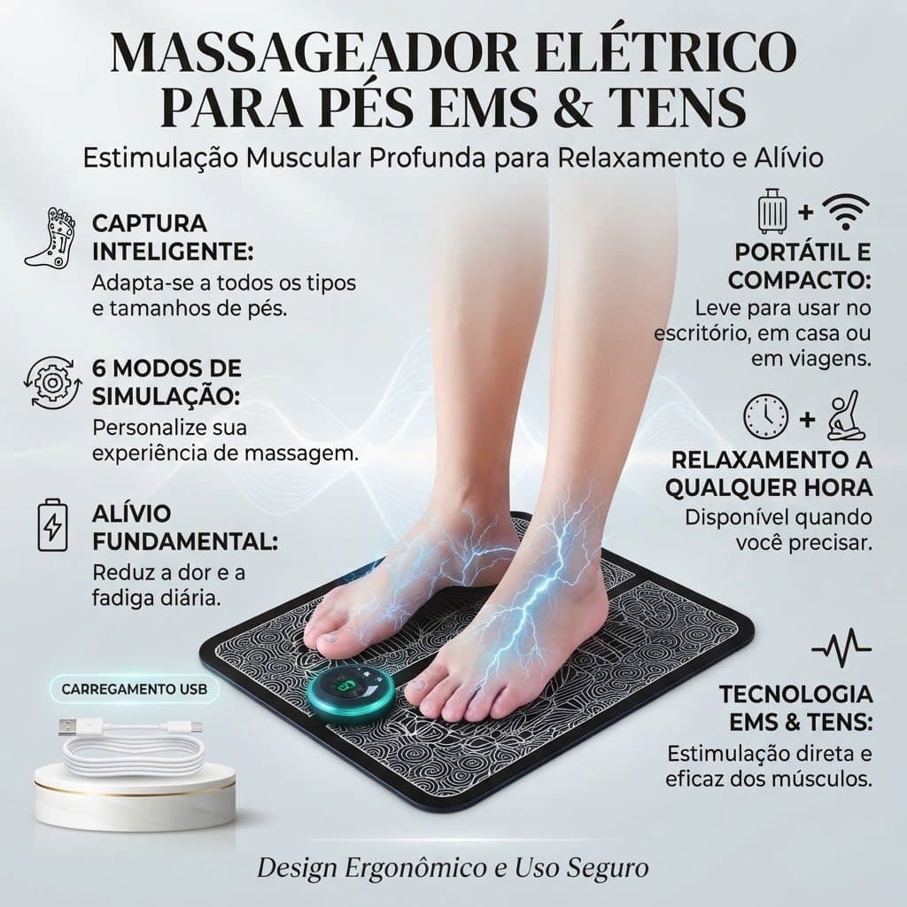 Massageador Elétrico para Pés EMS TENS Tapete de Estimulação Muscular 