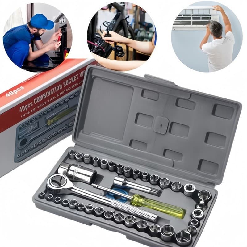 Kit De Ferramentas 40 Peças Cinzenta/Preta Jogo De Soquetes Chave Catraca Reversível Com Maleta Jogo Completo jimyy