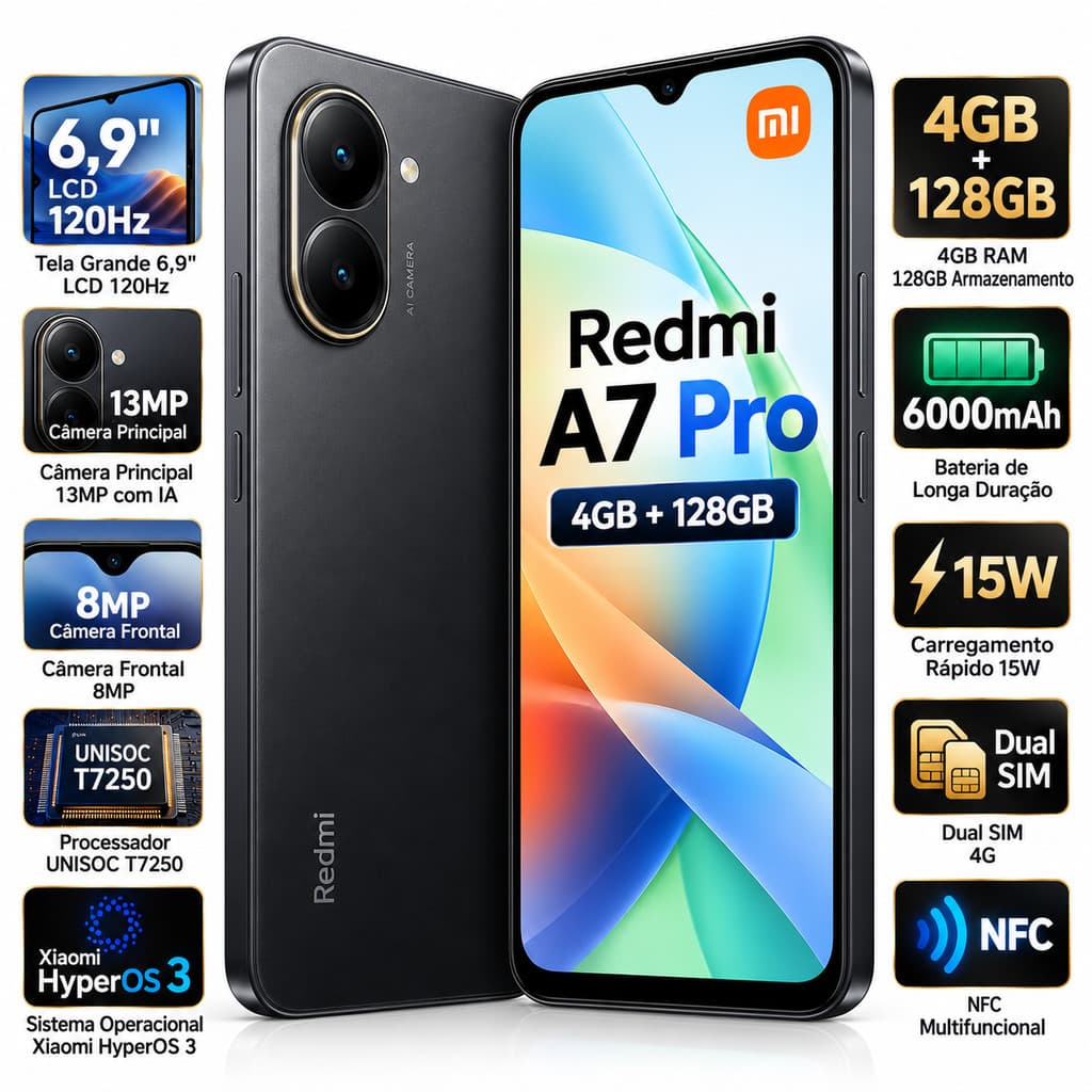 Xiaomi Smartphone Redmi A7 Pro 4GB 128GB Dual SIM 4G Tela 6.9 120Hz Câmera 13MP Bateria 6000mAh Versão Global
