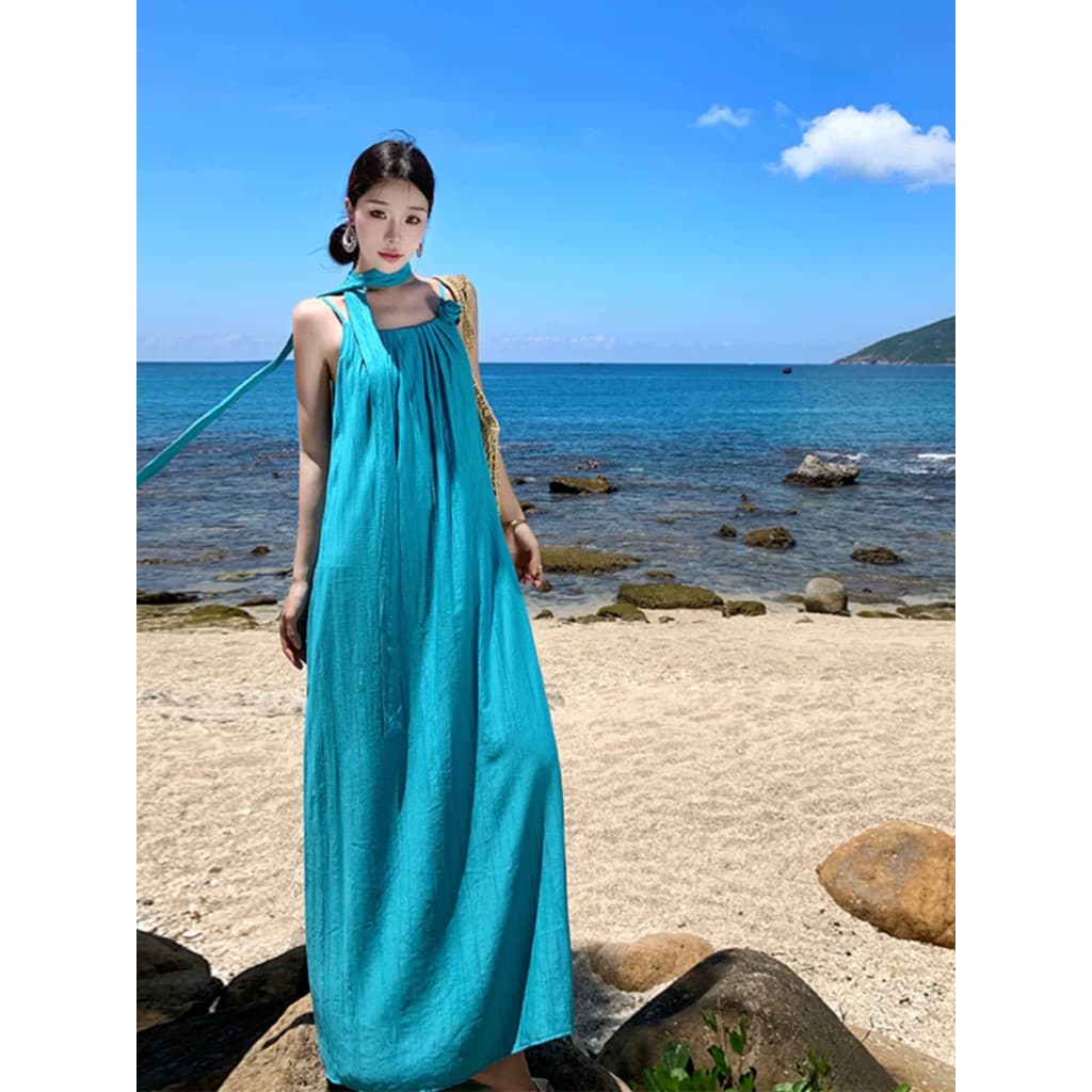 Estilo tailandês linda flor estilingue vestido feminino verão férias viagem solto cobrindo carne vestido de praia lindo 