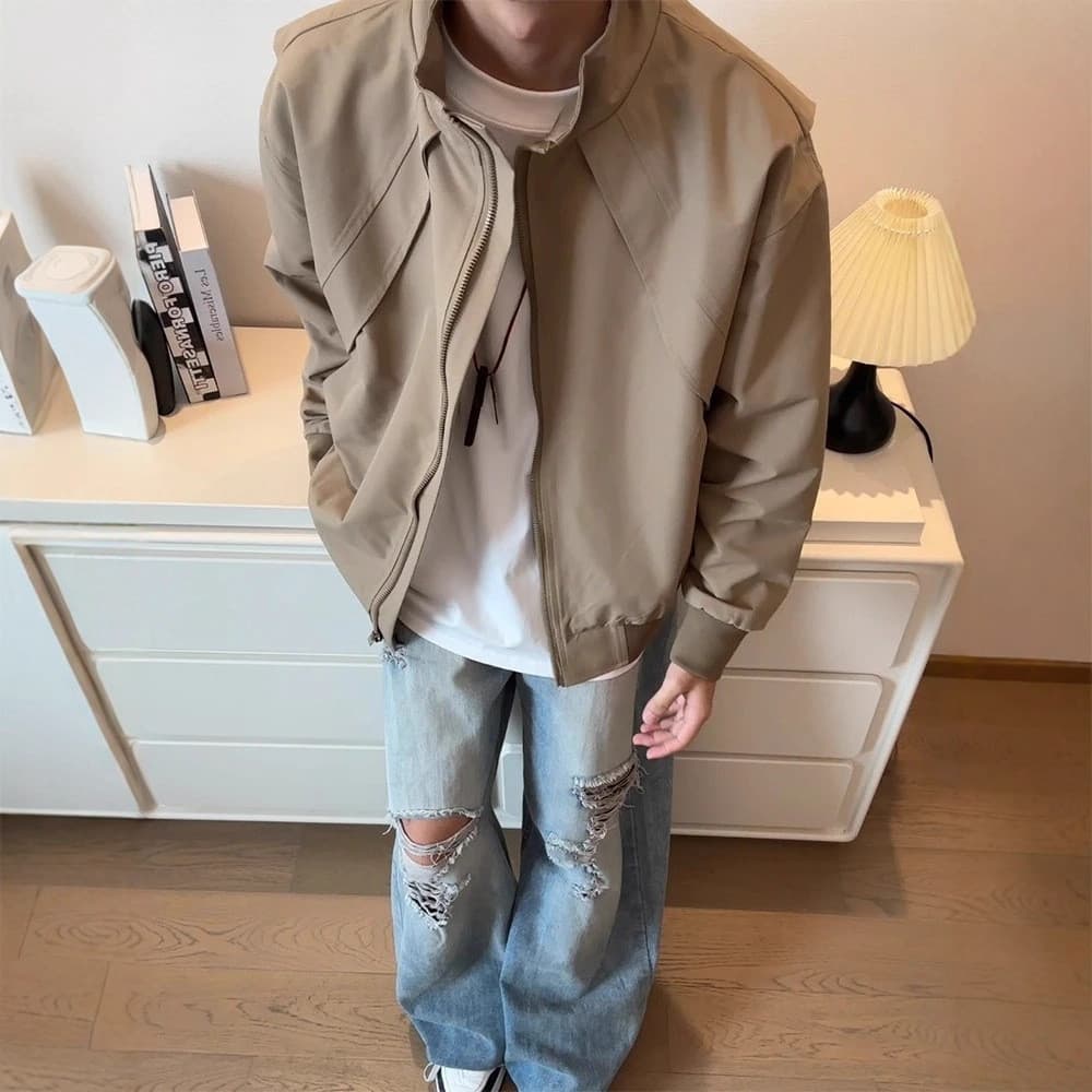 Costura jaqueta curta masculina outono Street Wear bombardeiro jaqueta ao ar livre jaqueta de três prova americano Retro