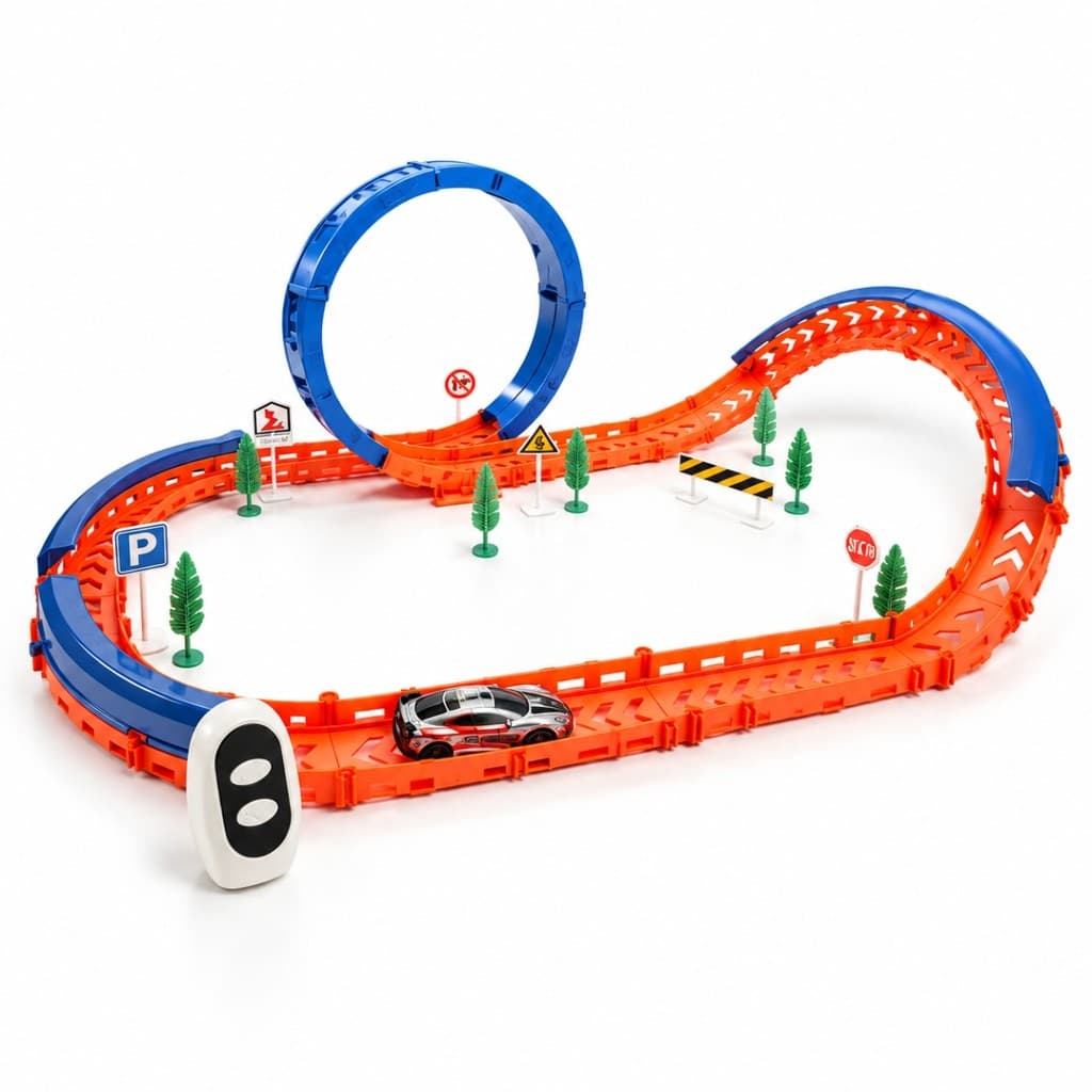 Pista de Corrida Infantil 58 Peças com Looping Carrinho com Luzes e Controle 2,4 GHz Castela