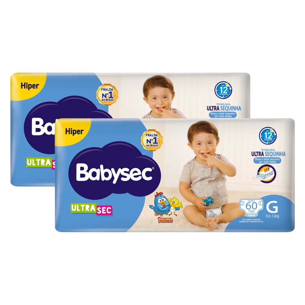 2 Pacotes Fralda BabySec Ultrasec Hiper G c/60un Galinha Pintadinha – 120 Fraldas ao Total