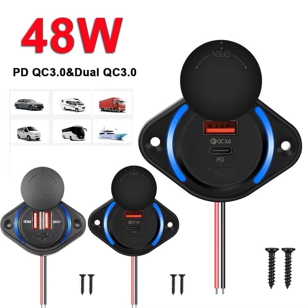 48W PD QC 3.0 Tomada De Carregador De Carro Carga Rápida Com Tampa Deslizante USB Tipo-C Rápido Energia Para Barco Ônibu