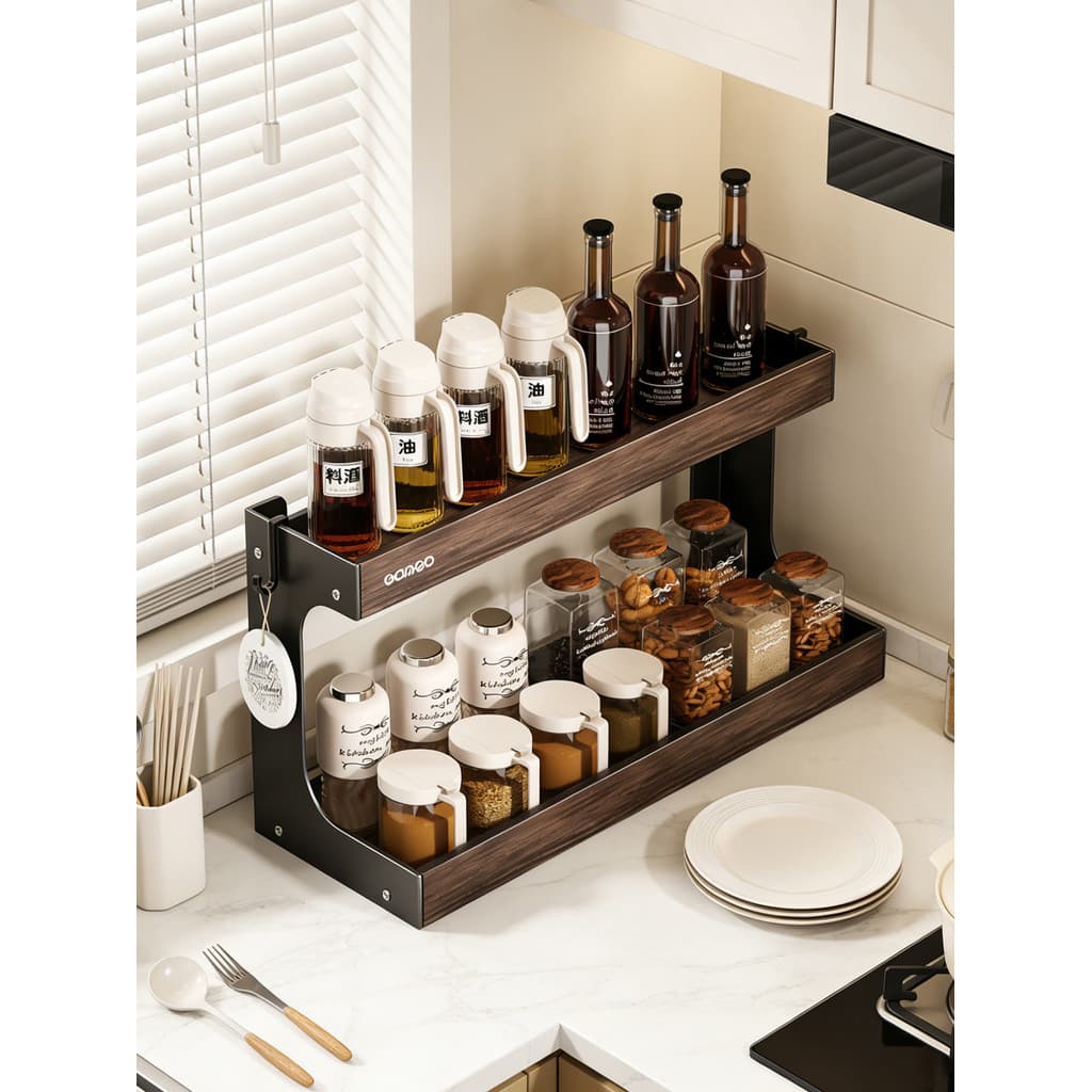 Imitação de nogueira preta tempero rack tempero novo estilo prateleira cozinha bancada condimento duplo rack armazenamen