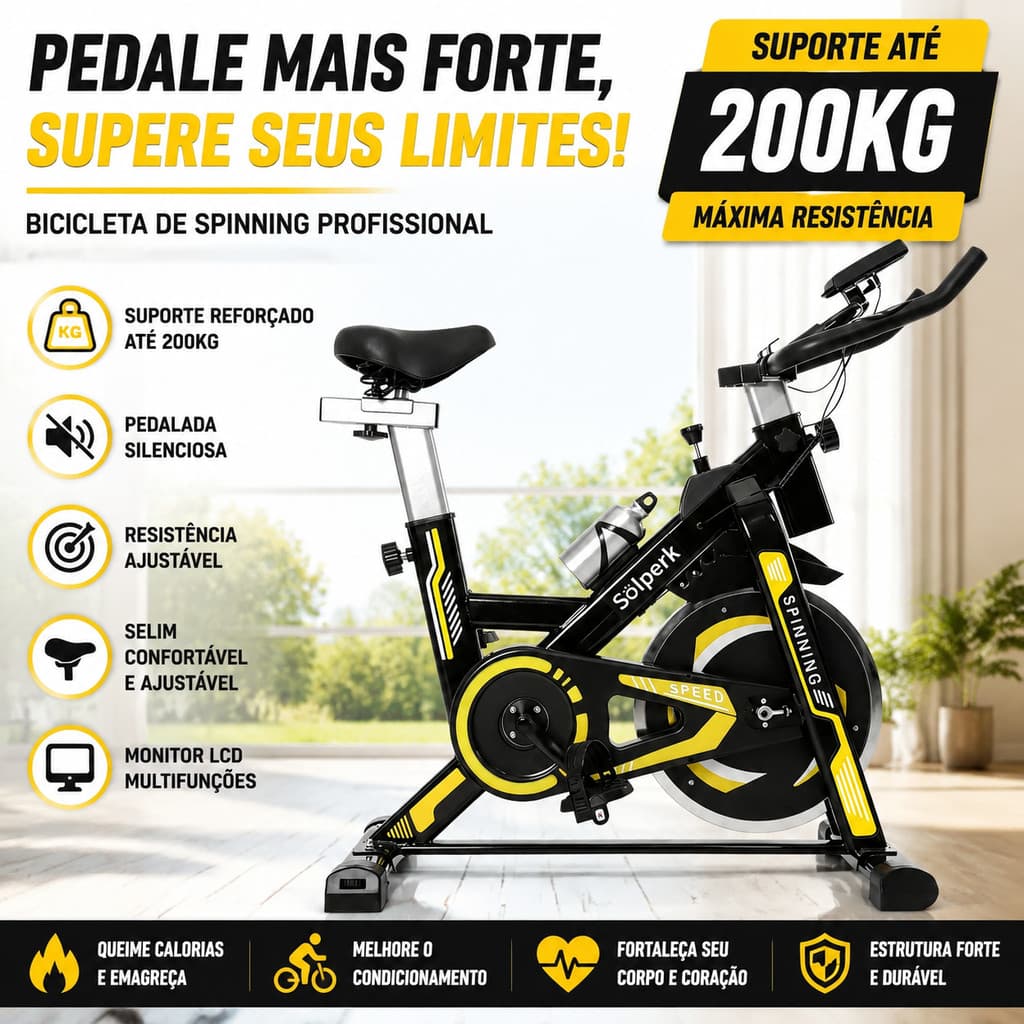 Bicicleta Spinning Silenciosa Ergométrica Profissional Bike Indoor Resistente Suporta até 200kg Para Treino em Casa