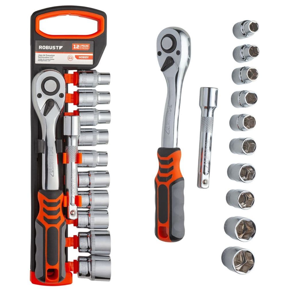 Jogo de Chave de Catraca 1/2" Com 12 Peças 10 a 24mm Com extensor Robust