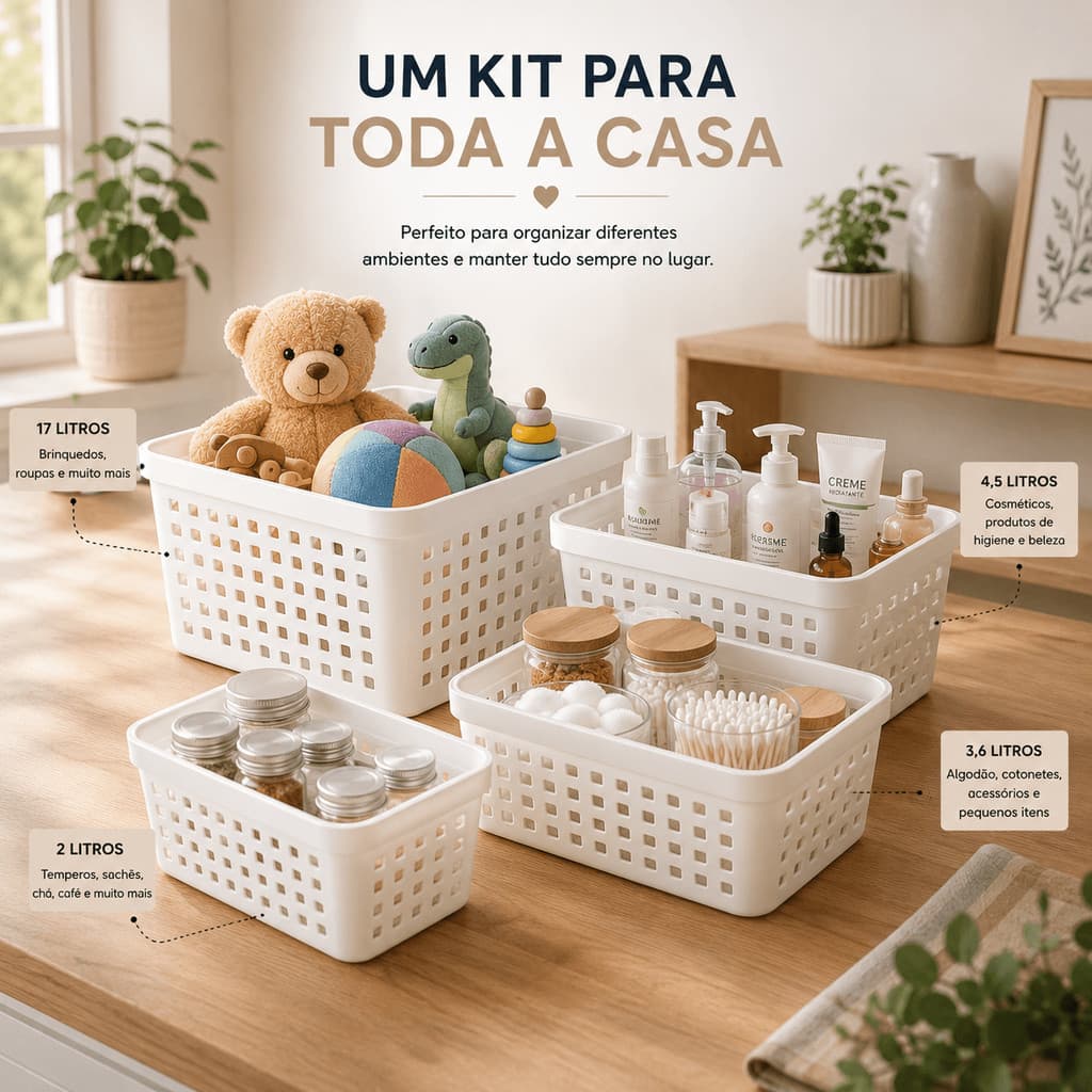 Kit 4 Cestos Organizadores Com Tampa Organizador Gaveta Armário Cozinha Banheiro 2L 17L