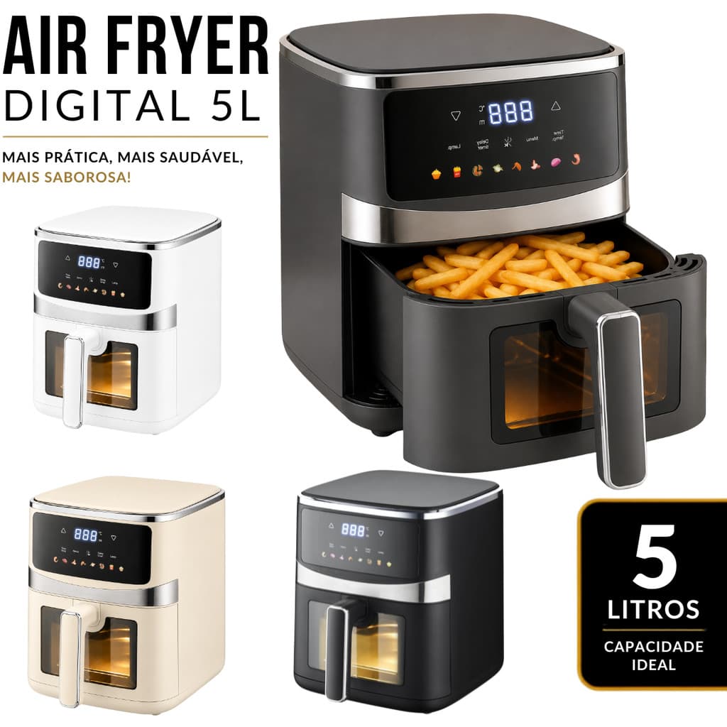 Air Fryer Digital 5L Touch Screen Visor Transparente 1500W Sem Óleo 127V Fritadeira Elétrica
