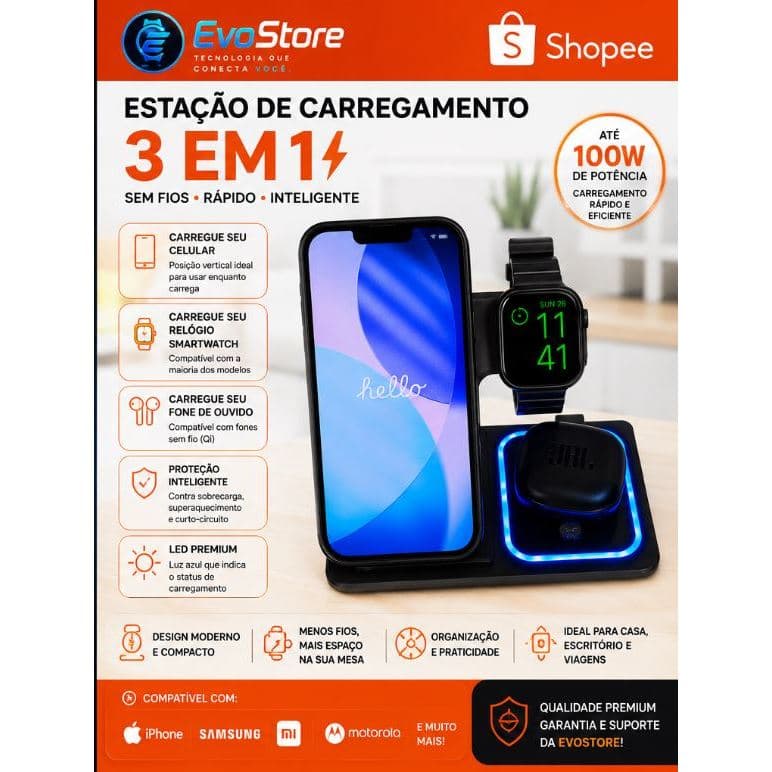 Base carregador Indução 3 em 1 Wireless para Celular, Smartwatch e Fone  – Estação de Carregamento Rápido com LED