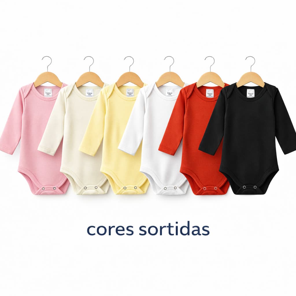 Body Bebê Manga Longa Kit com 3 100% Algodão Egípcio Luxo Liso Inverno Enxoval Unissex Recém Nascido