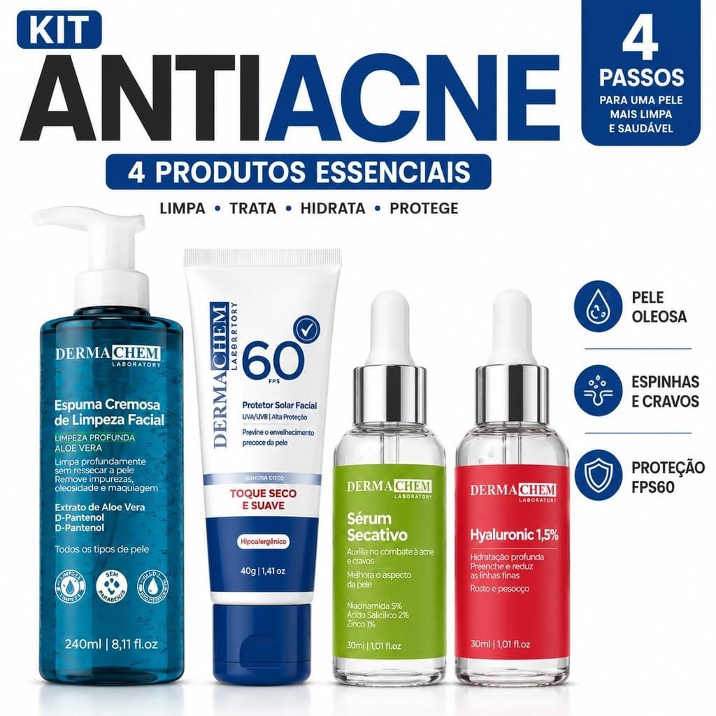 Kit Skincare Dermachem | Anti Acne, Clareador, Pele Oleosa, Anti Idade, Protetor Solar e Séruns