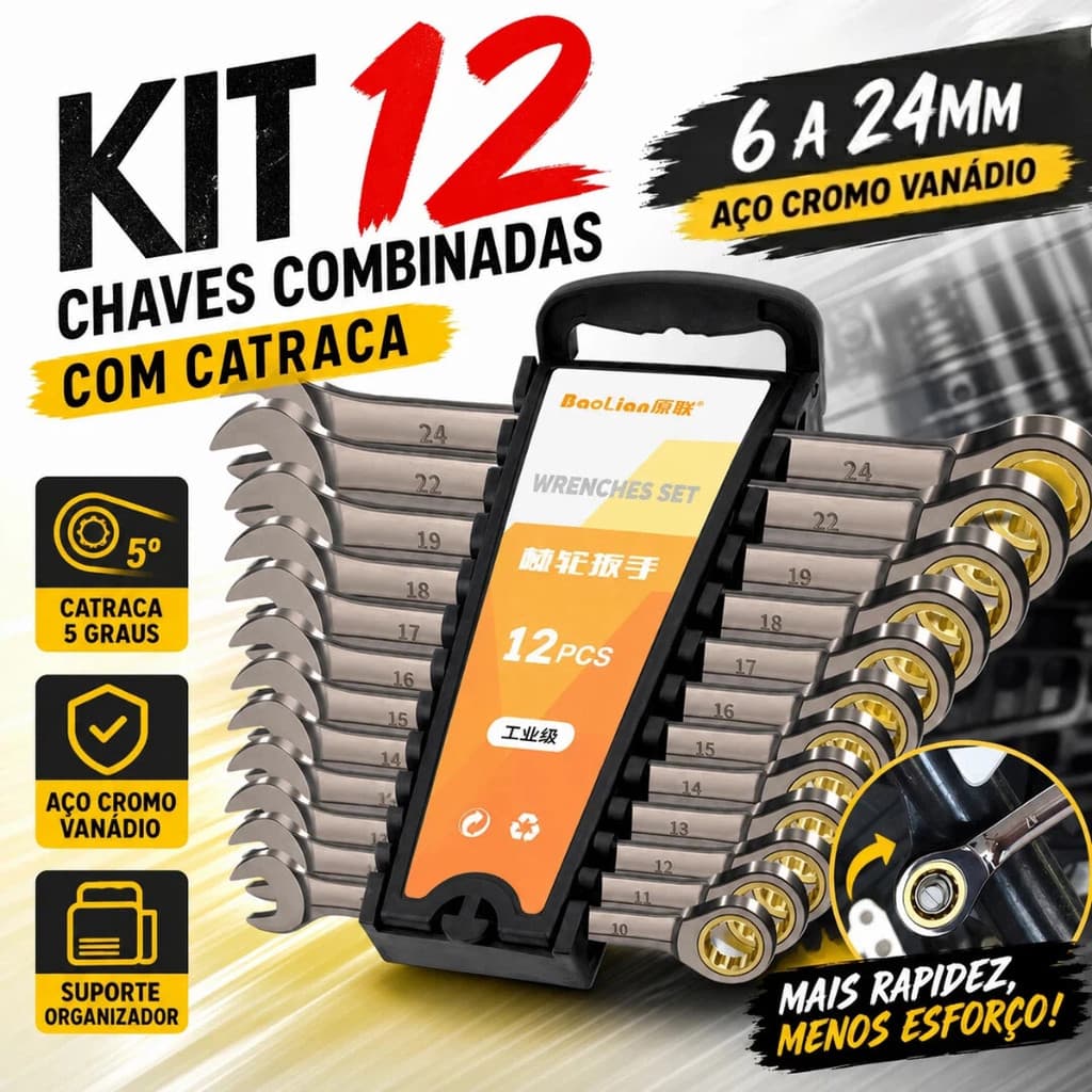 Jogo De Chaves Combinadas Com Catraca 12 Peças 6 A 24mm Aço Cromo Vanádio