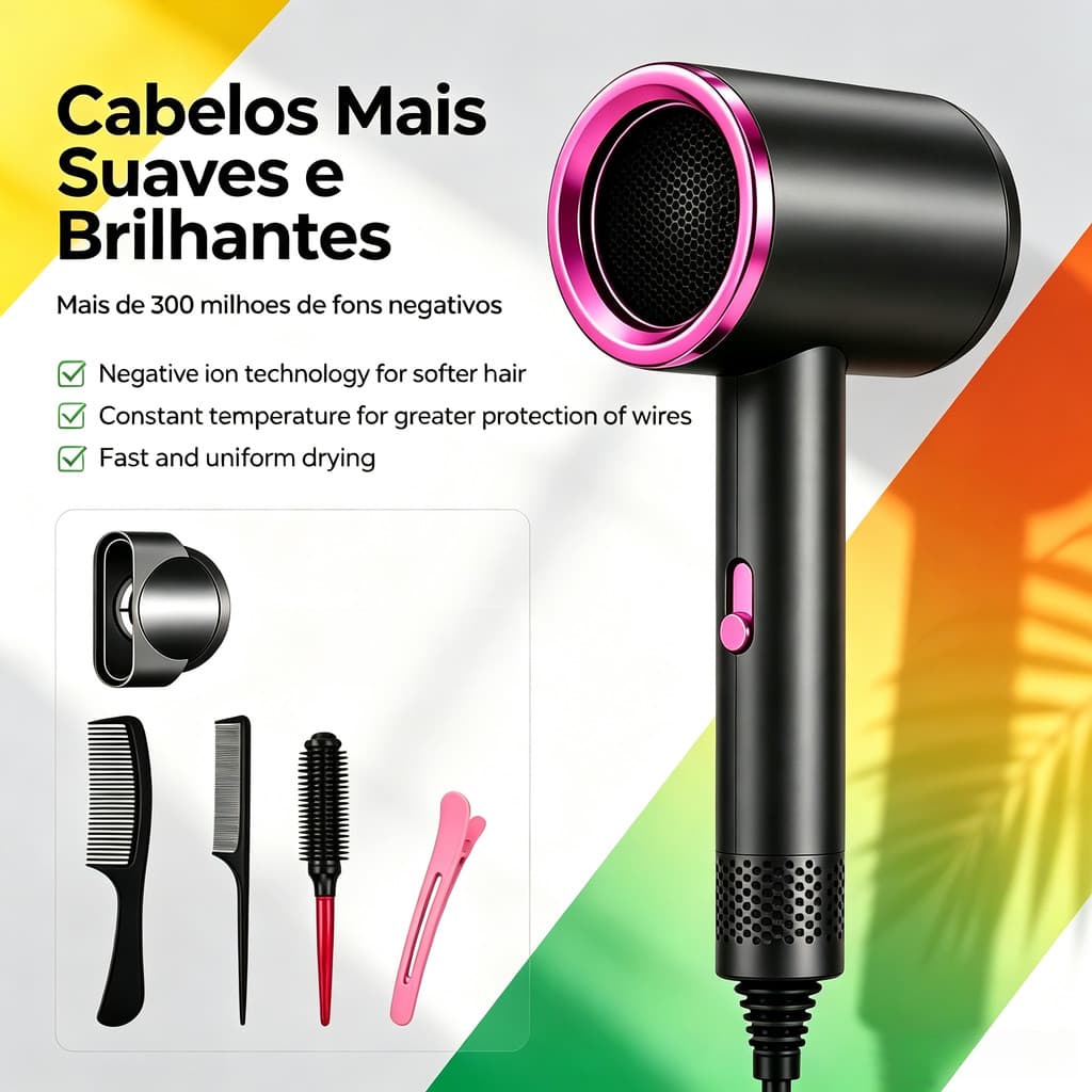 Secador de Cabelo Alta Velocidade Secador íons negativos Profissional 300W 110V de 2 Minutos