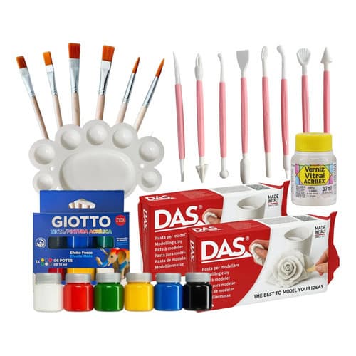 Kit Massa de Cerâmica DAS Completo C/ Ferramentas Tintas Verniz Pinceis Gode Estecas