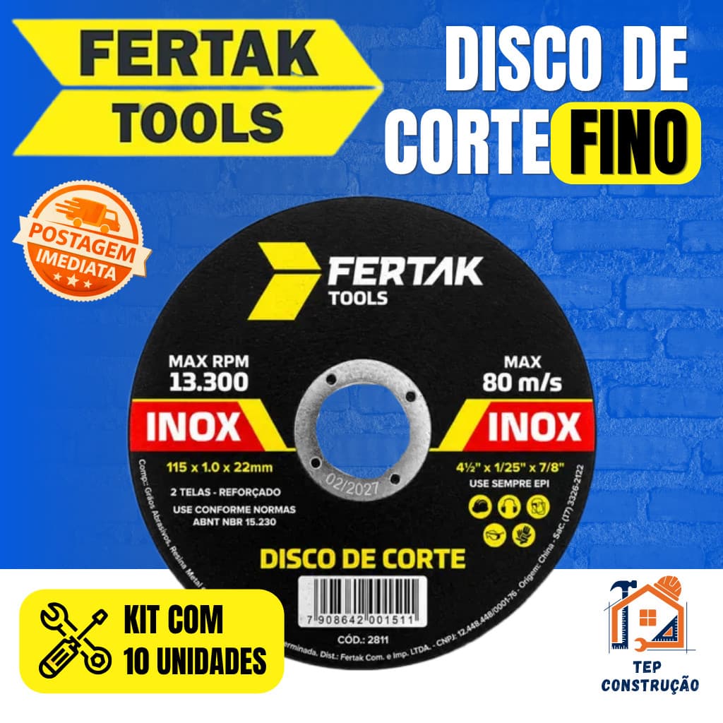 Kit 10 Disco De Corte Fino Para Ferro/Inox 4.1/2 X 1,2 Para Esmerilhadeira Fertak 2 Telas Reforçado