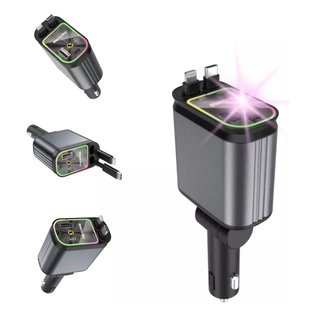 Carregador veicular retrátil 4 em 1 com luz RGB, adaptador veicular USB-C de carregamento rápido de 120 W