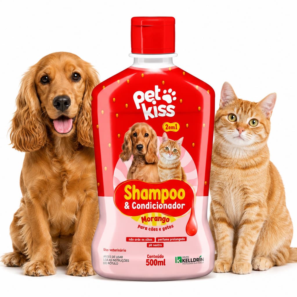 Shampoo Condicionador de Morango Pet para Banho Fácil e Pelos Desembaraçados