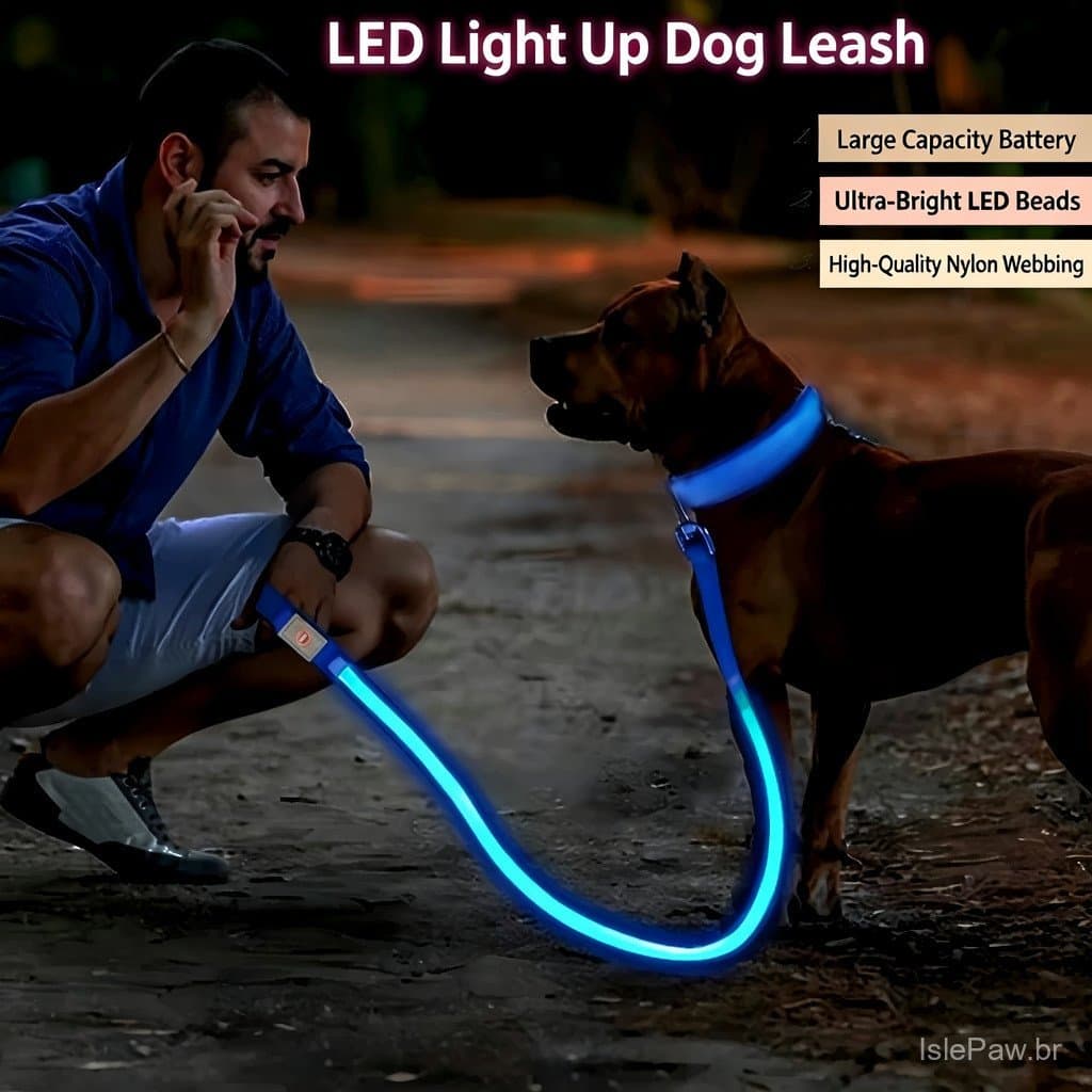 Coleira para Cães com Luz LED Recarregável por USB, Guia de Nylon para Passeio Noturno, 120cm, Coleira de Segurança Lumi
