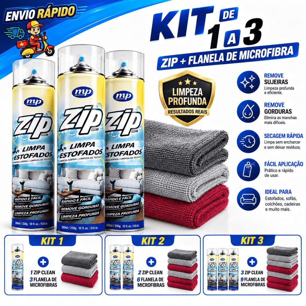 Kit Zip Clean Spray Limpeza + Flanela Microfibra Multiuso para Sofá Carro Estofados Vidros Móveis