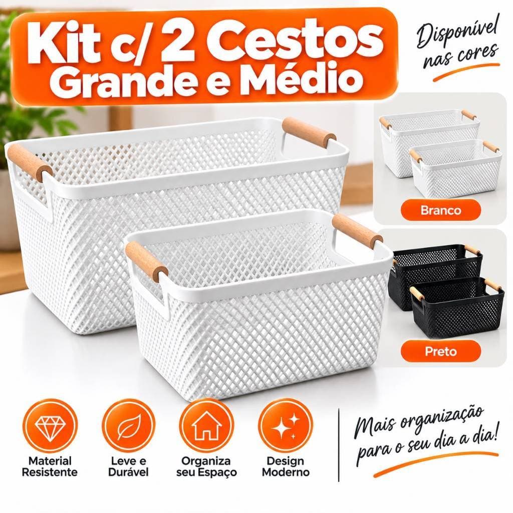Kit 2 Cestos Plástico Tela Organizador Multiuso Fruteira Despensa Armário Cozinha Alça Madeira