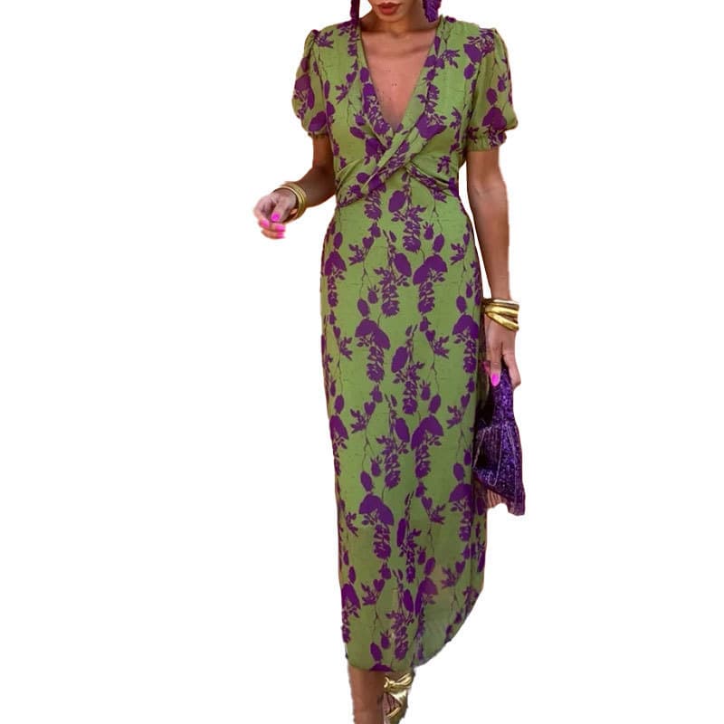 Novo vestido feminino moda contraste cor impresso vestido longo elegante magro-ajuste vestido de manga curta