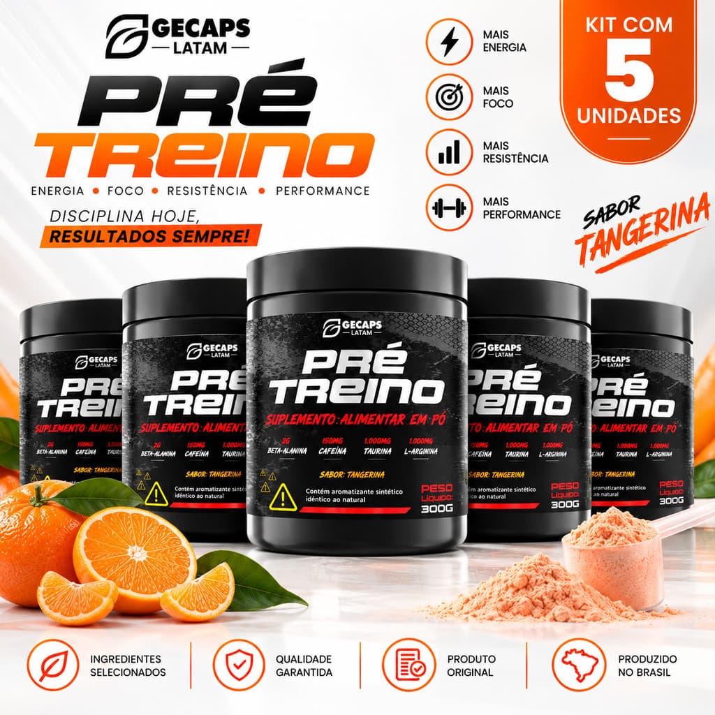 Combo 5X Pré Treino GL 300g Tangerina | Suplemento Alimentar em Pó | Beta-Alanina Cafeína Taurina L-Arginina