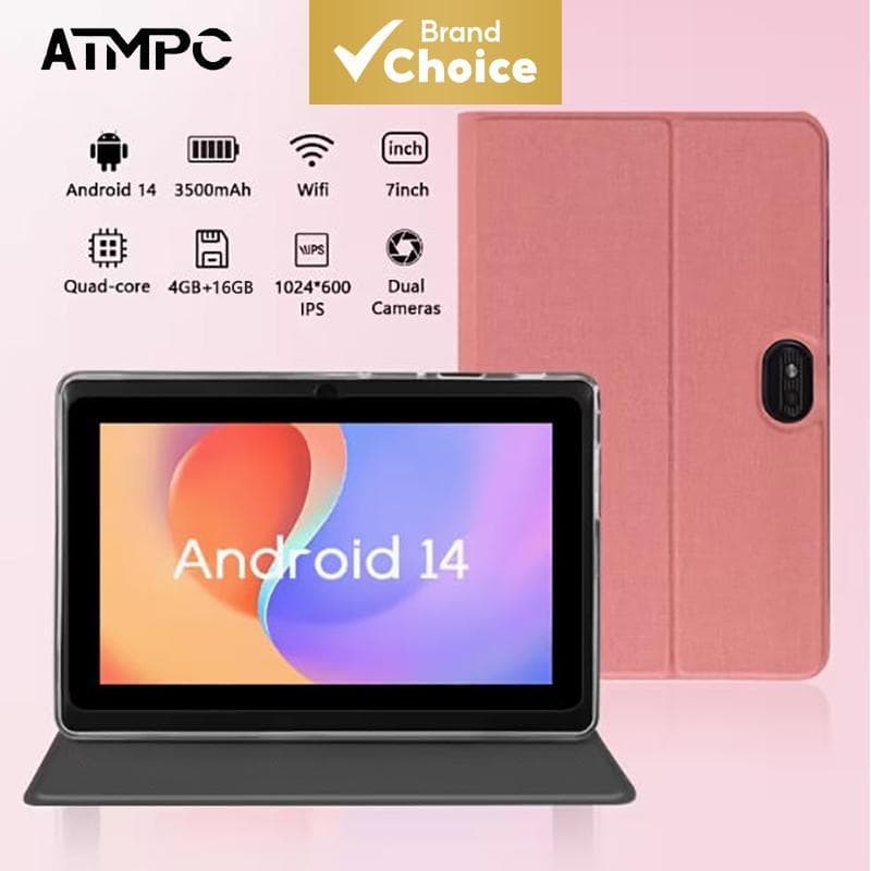 Tablet ATMPC de 7 polegadas com Android 14, 16 GB de armazenamento, 4 GB (2+2) de RAM, tela IPS 1024*600, bateria de