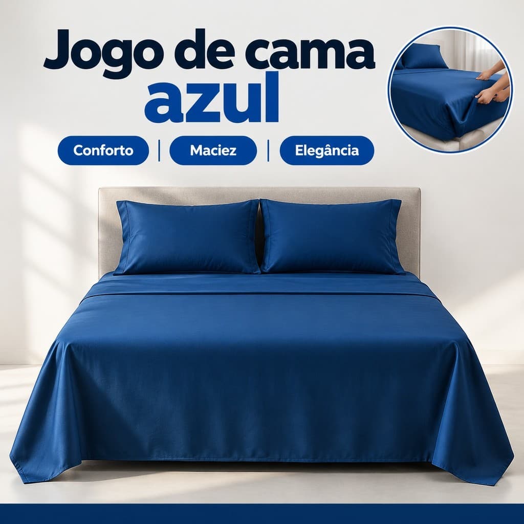 Jogo de Lençol Azul Cama de Casal 3 Peças Poliéster 400 Fios com Elástico 188x138x30cm