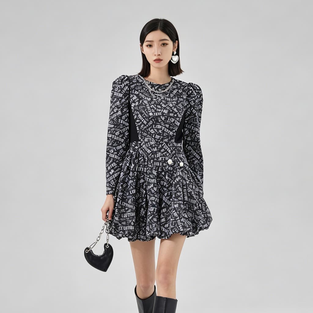 Luo Xuan vestido estilo outono feminino carta manga bufante cintura estreita Bud estilo curto vestido mais fino com baba