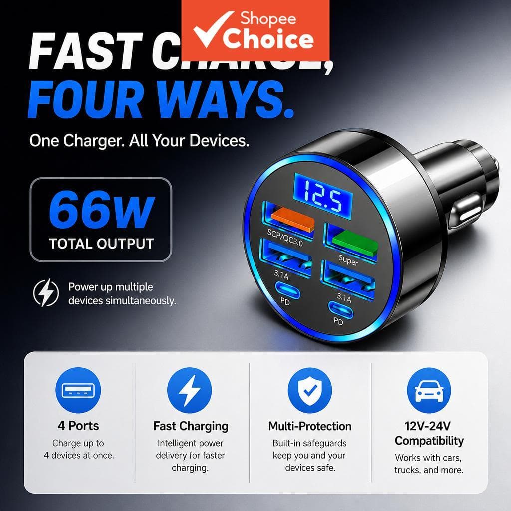 Carregador Veicular 2026 6 em 1: Super carregamento rápido 4 USB + 2 USB-C, multi-portas com monitor digital de tensão