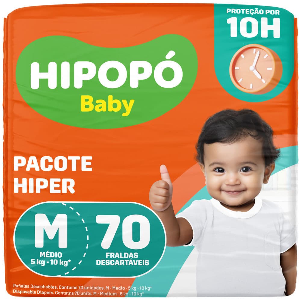 Fralda Hipopó Baby Tamanho M Pacote Hiper 70 Unidades Descartáveis