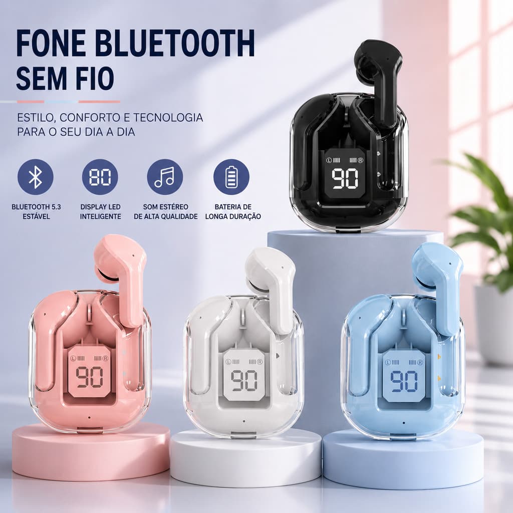 Fone Bluetooth 5.0 TWS Sem Fio com Microfone Hi-Fi Cancelamento de Ruído Estojo de Recarga