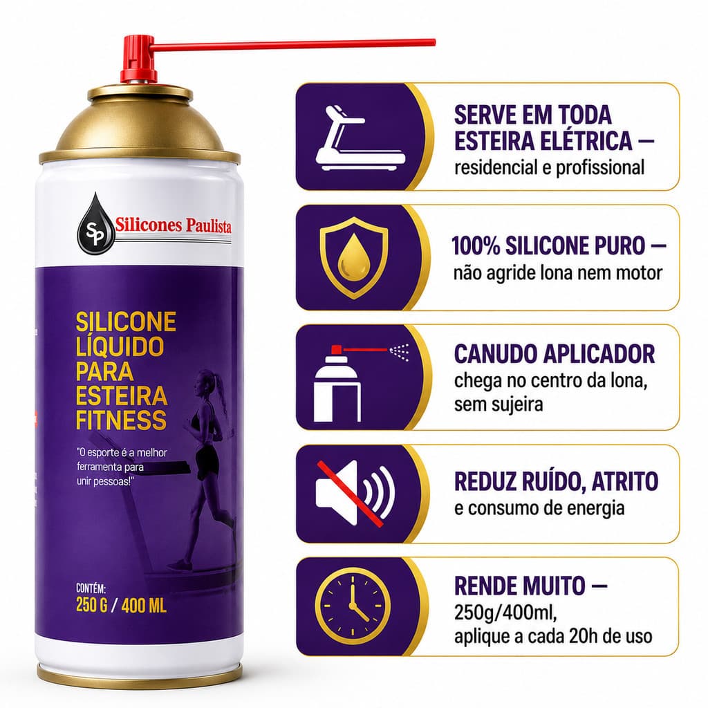 Spray Silicone Lubrificante Esteira bicicleta Ergométrica 400ml Puro Elétrica Academia Bico Aplicado