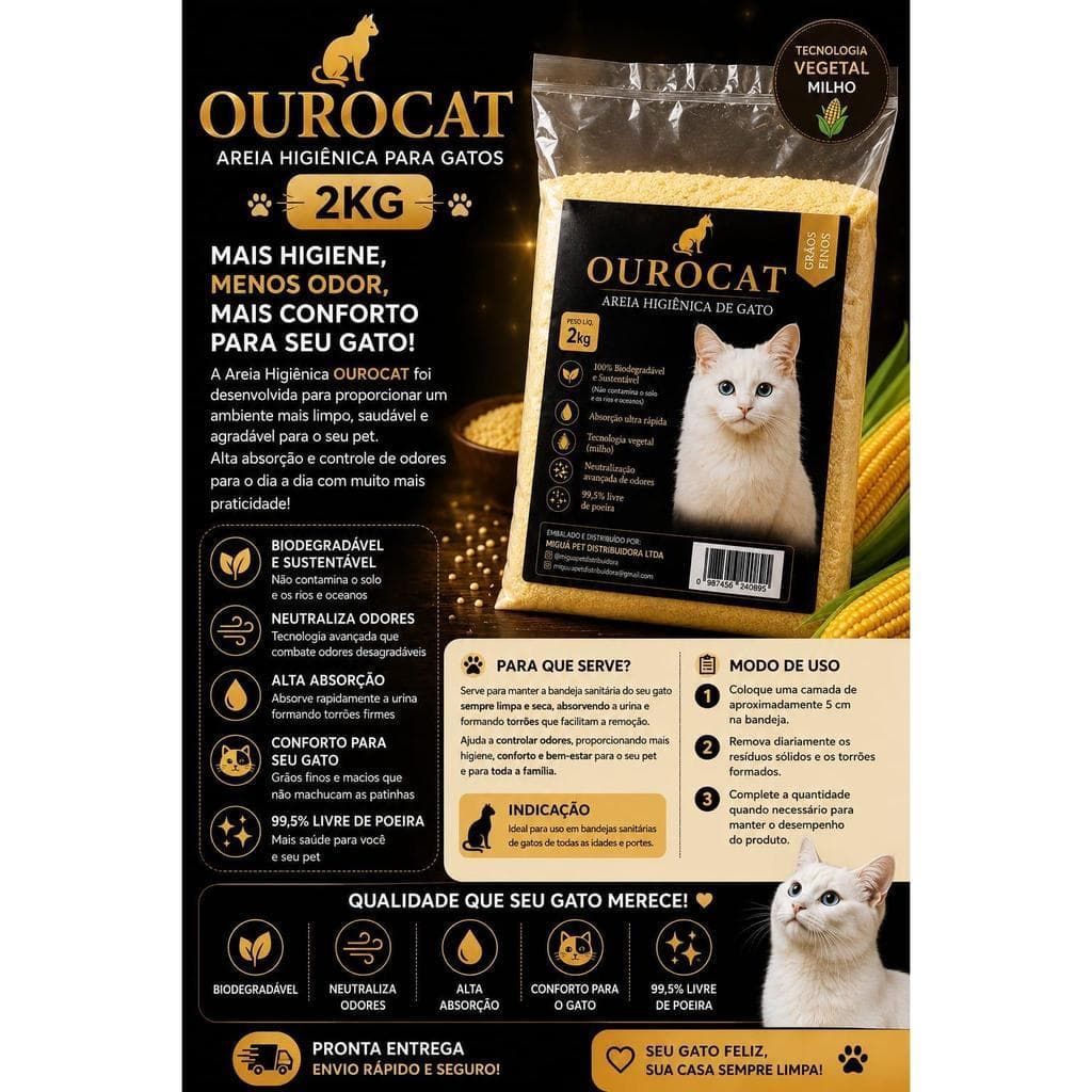 Kit Areia Sanitária Higiênica Natural Premium Grãos Finos E Medio de Milho Para Gatos Biodegradavel De 2kg a 20kg