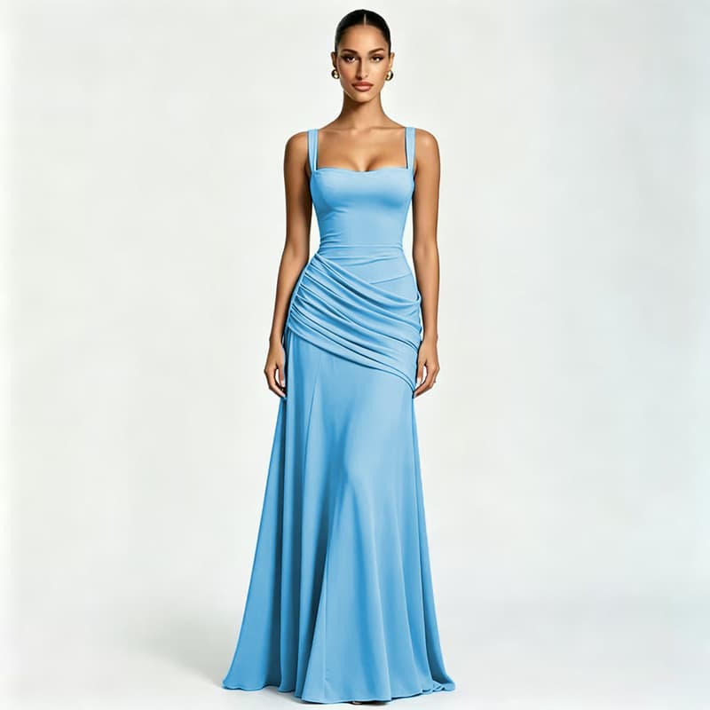 Vestido feminino, vestido formal, vestido longo, sem mangas, cintura marcada, saia ampla, vestido de alças, vestido femi