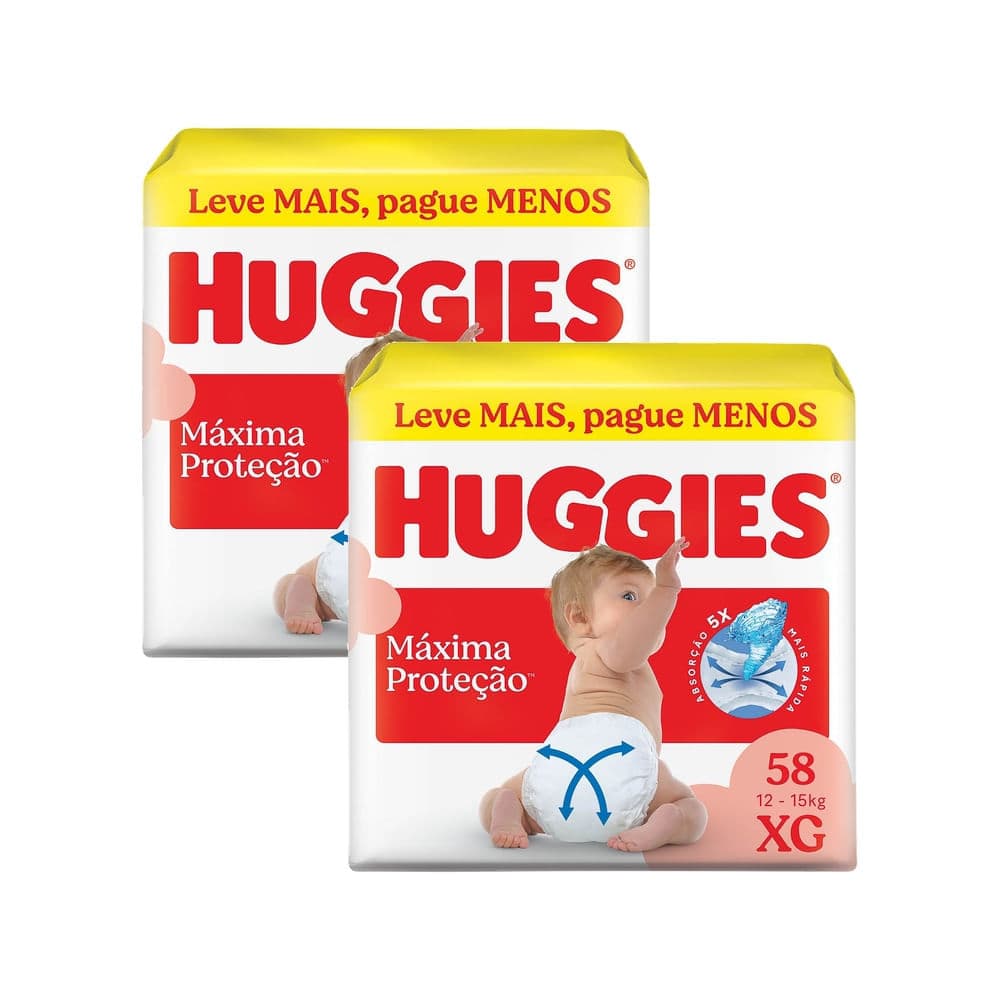 Kit 2 Fralda Huggies Máxima Proteção Tamanho XG 58 Unidades Descartáveis
