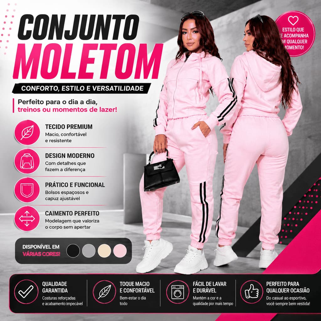 Conjunto Moletom Feminino Listra Calça Jogger E Blusa Com Zíper Capuz Look Esportivo Confortável Casual Luxo Moda