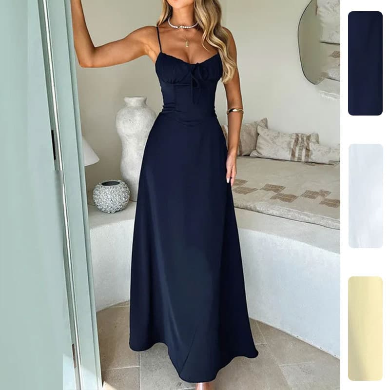 Vestido Feminino Novo de Verão 2026, Vestido de Alças com Cintura Amarrada e Corte em A de Cor Sólida